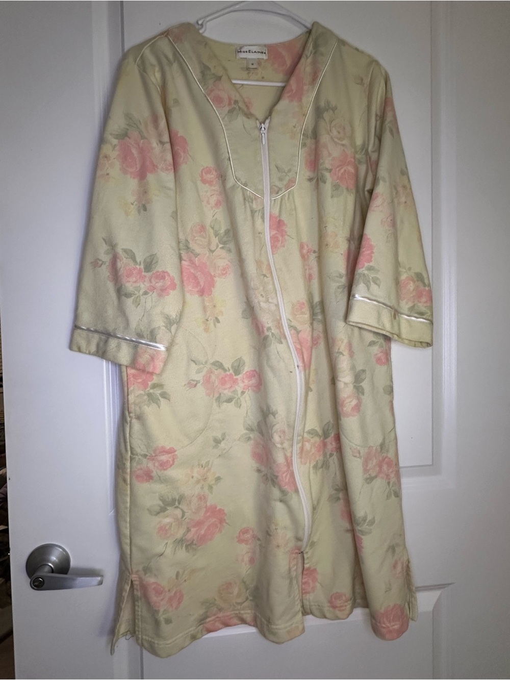 Miss Elaine Pale Yellow Floral Zip-Front Nightgown with Pink Roses
